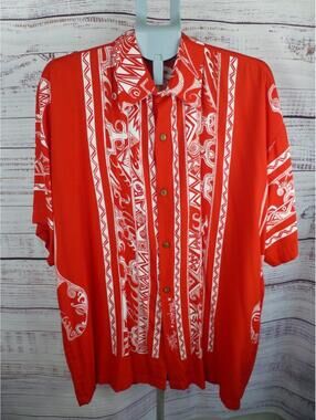 Tamure Men's XL Red White Maohi Polynesian Tribal Print Rayon Hawaiian Shirt K5